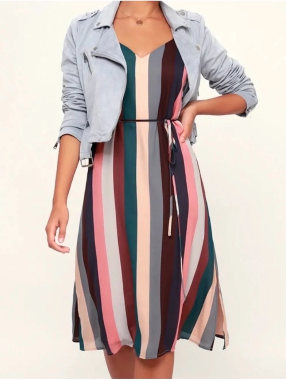 Lulus Erina Mauve Multi Stripe Belted Midi Slip Dress - Medium - Picture 1 of 9